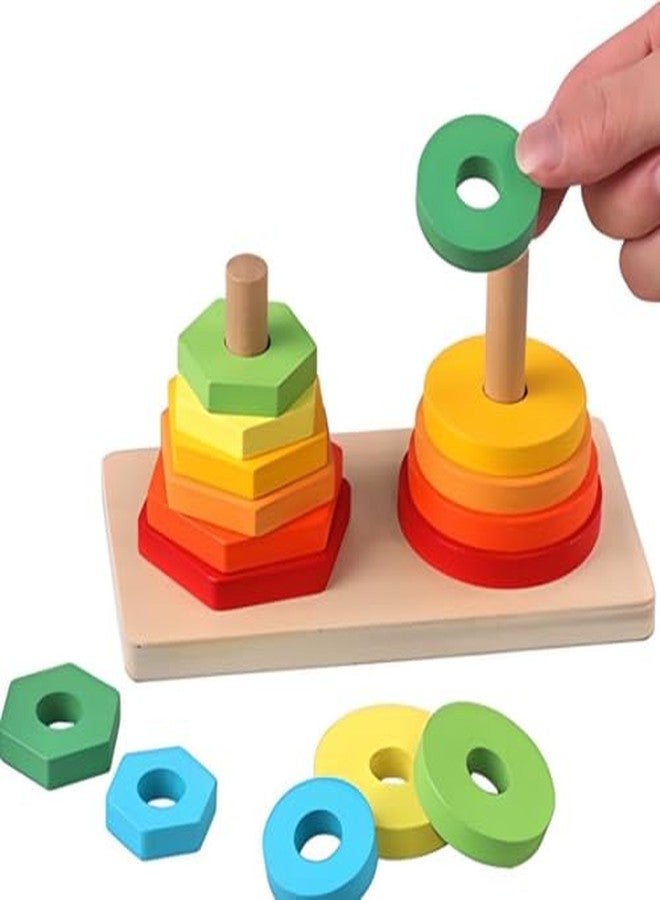 Busy Brain - Double Tower Shape Sorter Stacking Toy, Circle and Hexagon Wooden Blocks, Rainbow Multicolour, Educational Learning for Toddlers 18+ Months - Image 2